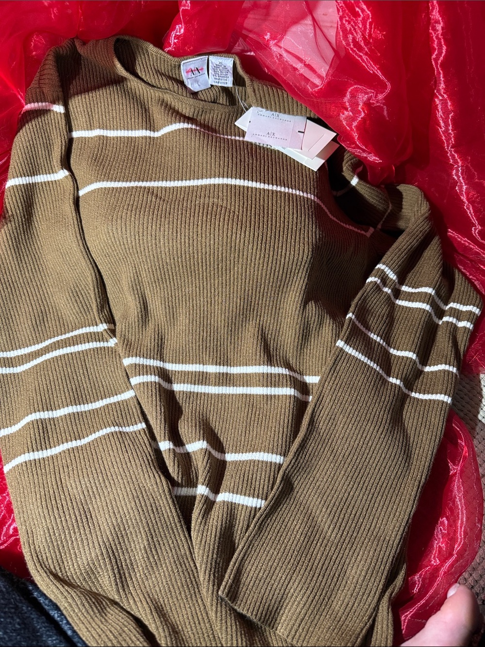 A|X Armani Exchange Brown and White Striped Ribbed Sweater